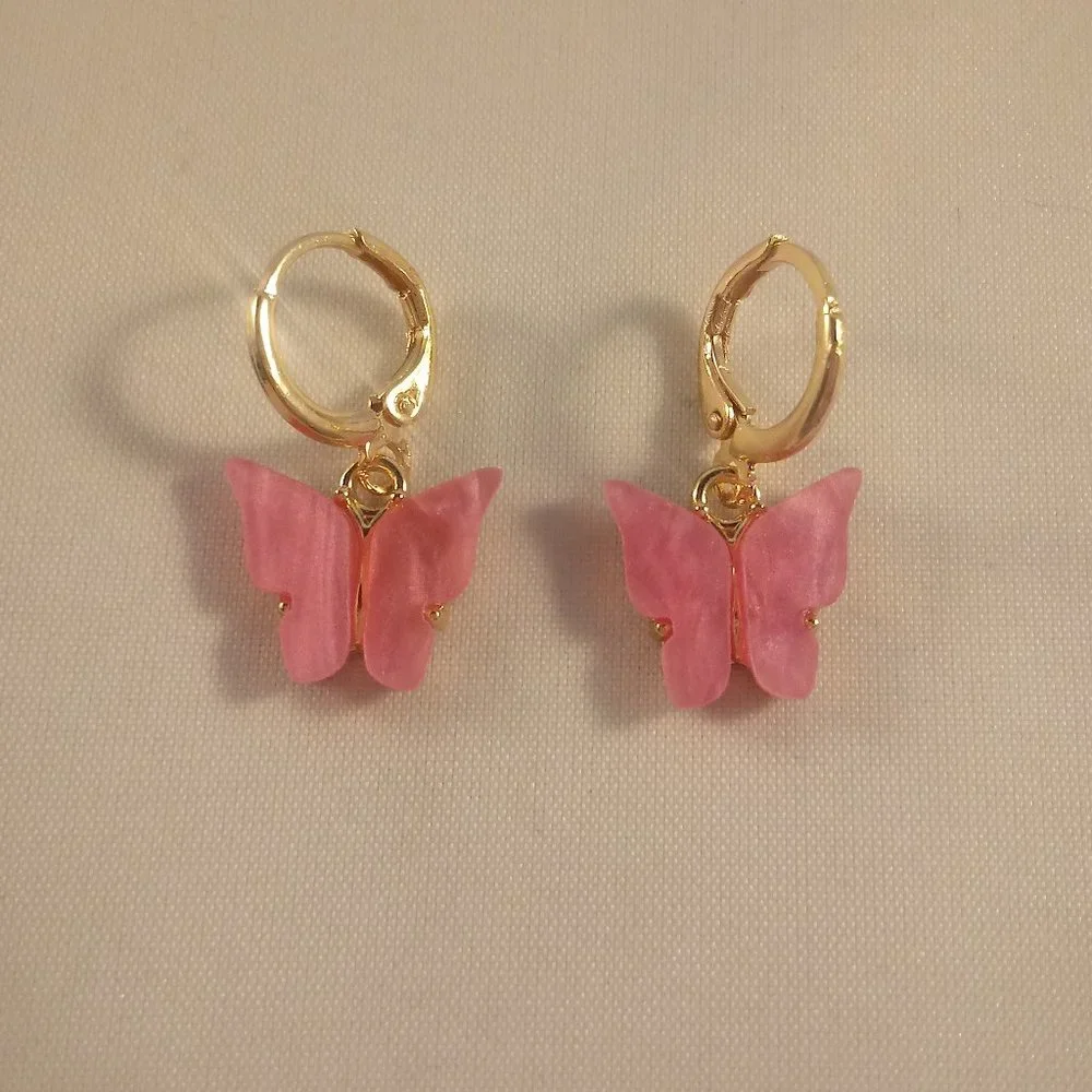 Gold Plated Pink Opal Resin Butterfly Dangle Earrings 12mm Party Gift - Picture 2 of 2